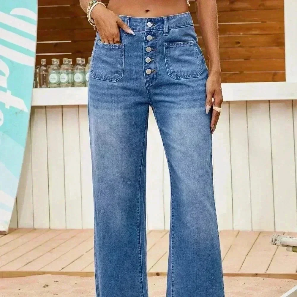 Medium Wash Casual Women's Loose Fitting Straight Leg Casual Blue Denim Jeans